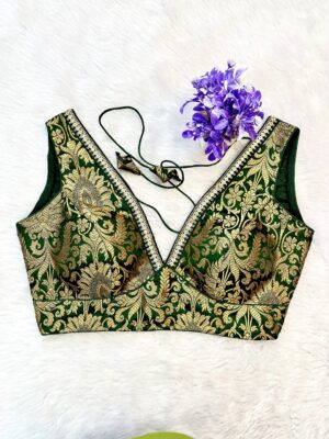 Bottle Green Banarasi Brocade V-Neck Blouse