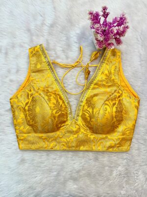 Yellow Banarasi Brocade V-Neck Blouse – traditional ethnic blouse with Banarasi weaving, ideal for sarees, lehengas, weddings, haldi & festive wear.