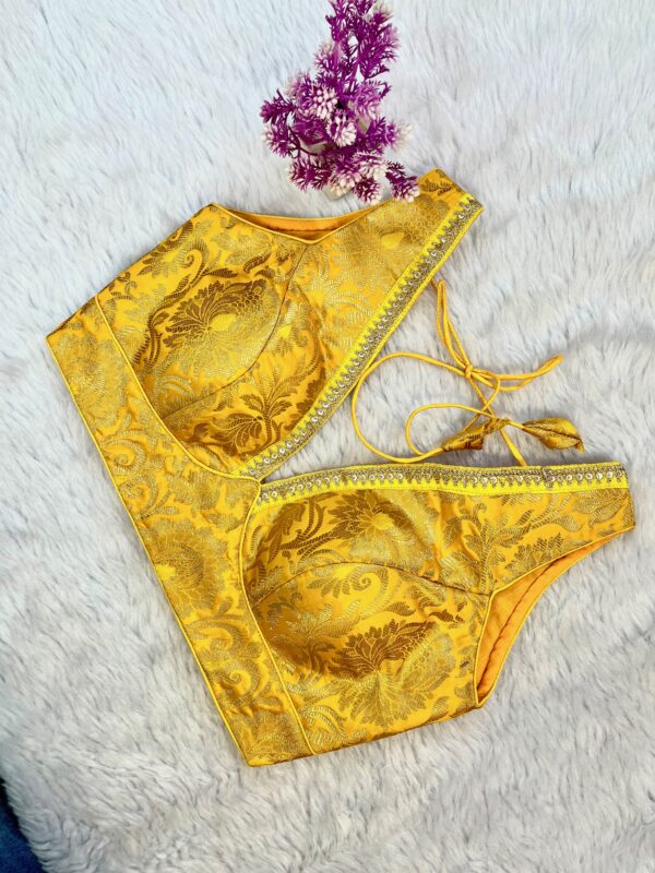 Yellow Banarsi Brocade V-neck Blouse - Image 2