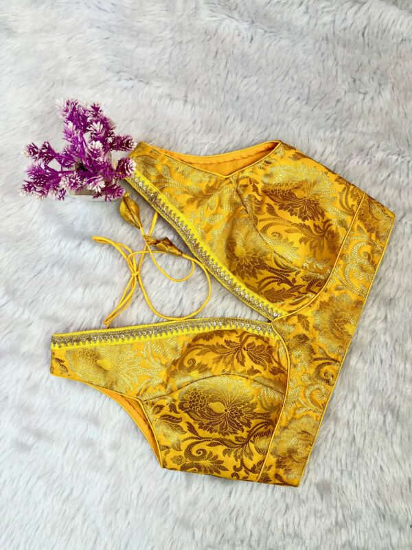 Yellow Banarsi Brocade V-neck Blouse - Image 3