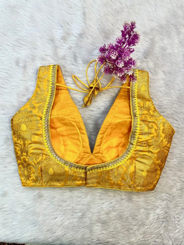 Yellow Banarsi Brocade V-neck Blouse - Image 4
