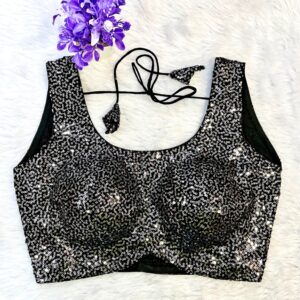 Silver and Black Sequence blouse U neck