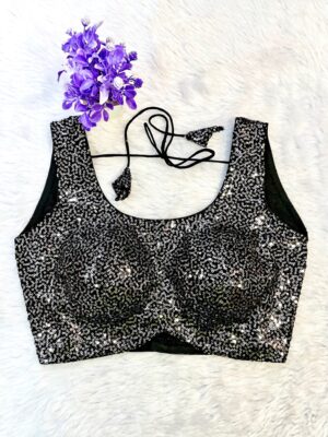 Silver and Black Sequin Blouse with U-Neck – stylish sleeveless blouse with dual-tone sequins, perfect for sarees, lehengas, weddings & festive wear.