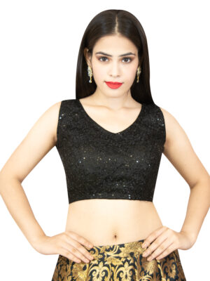 Black Sequin Sleeveless Embroidered Blouse – elegant black blouse with sequins and embroidery, sleeveless design perfect for sarees, lehengas & parties