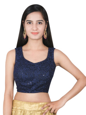 Blue Sequin Sleeveless Embroidered Blouse – stylish sleeveless blouse with sequins and embroidery, perfect for sarees, lehengas, weddings & parties.