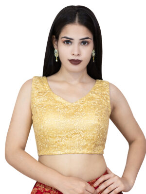 Golden Net Sleeveless V-Neck Sequin Blouse – elegant sleeveless blouse with sequins, V-neck design, perfect for sarees, lehengas, weddings & festive wear.