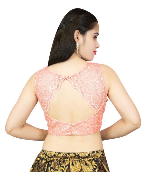 Peach Self Embroidered Sequence Net blouse - Image 3