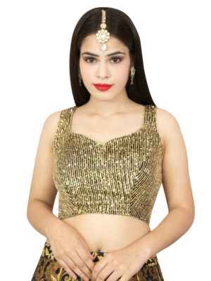 Black and Golden Sleeveless Sequin Blouse – stylish, versatile & festive-ready. Perfect for sarees, weddings, parties & special ethnic occasions.