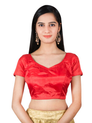 Plain Red Silk Half Sleeve Blouse Top front side of image