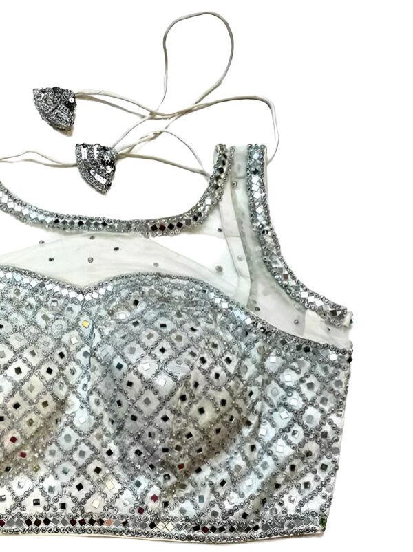 Indian Designer Silver blouse with Mirror Work - Image 2