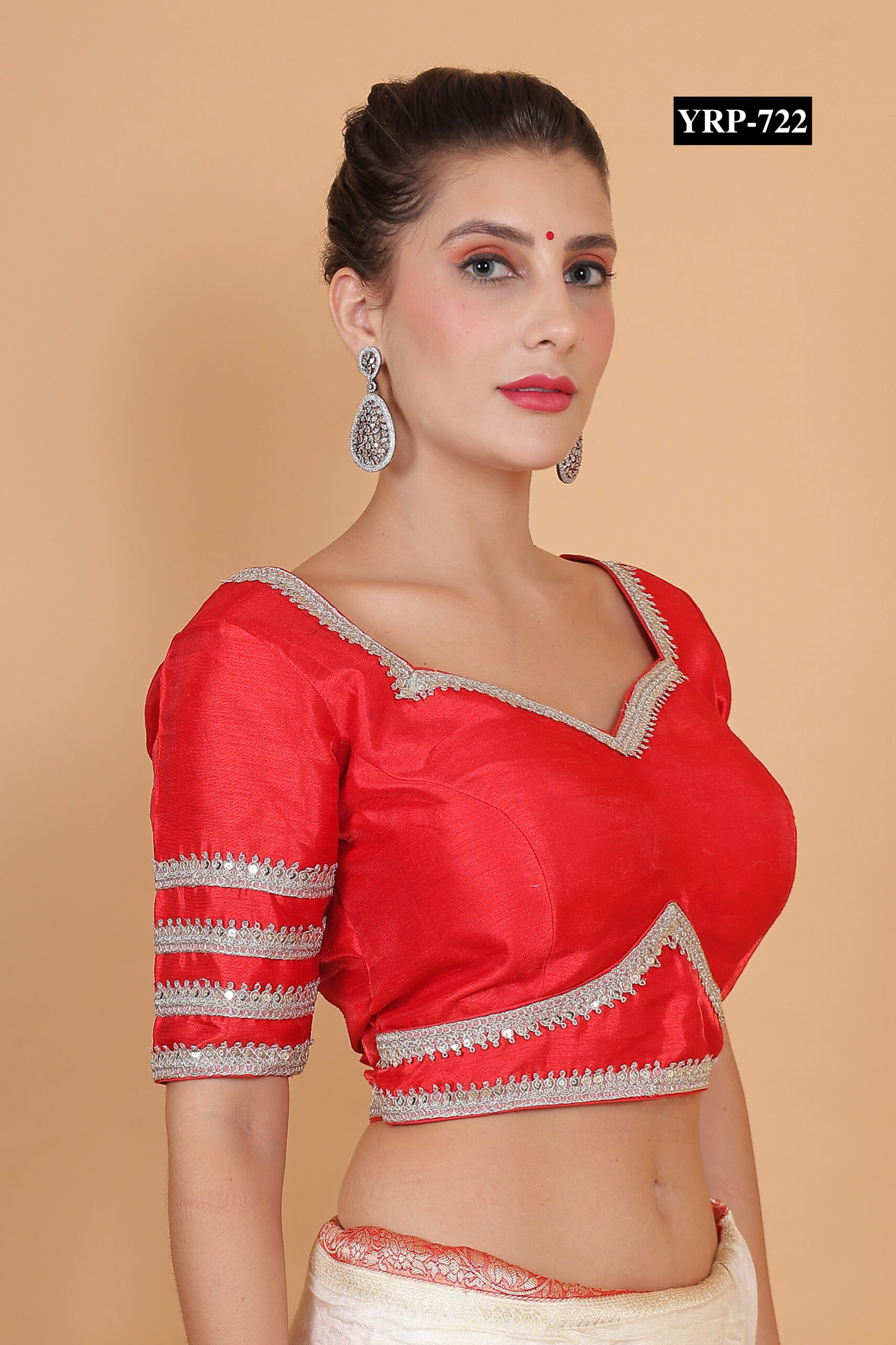 Red Embroidered Half Sleeve Blouse - Image 3