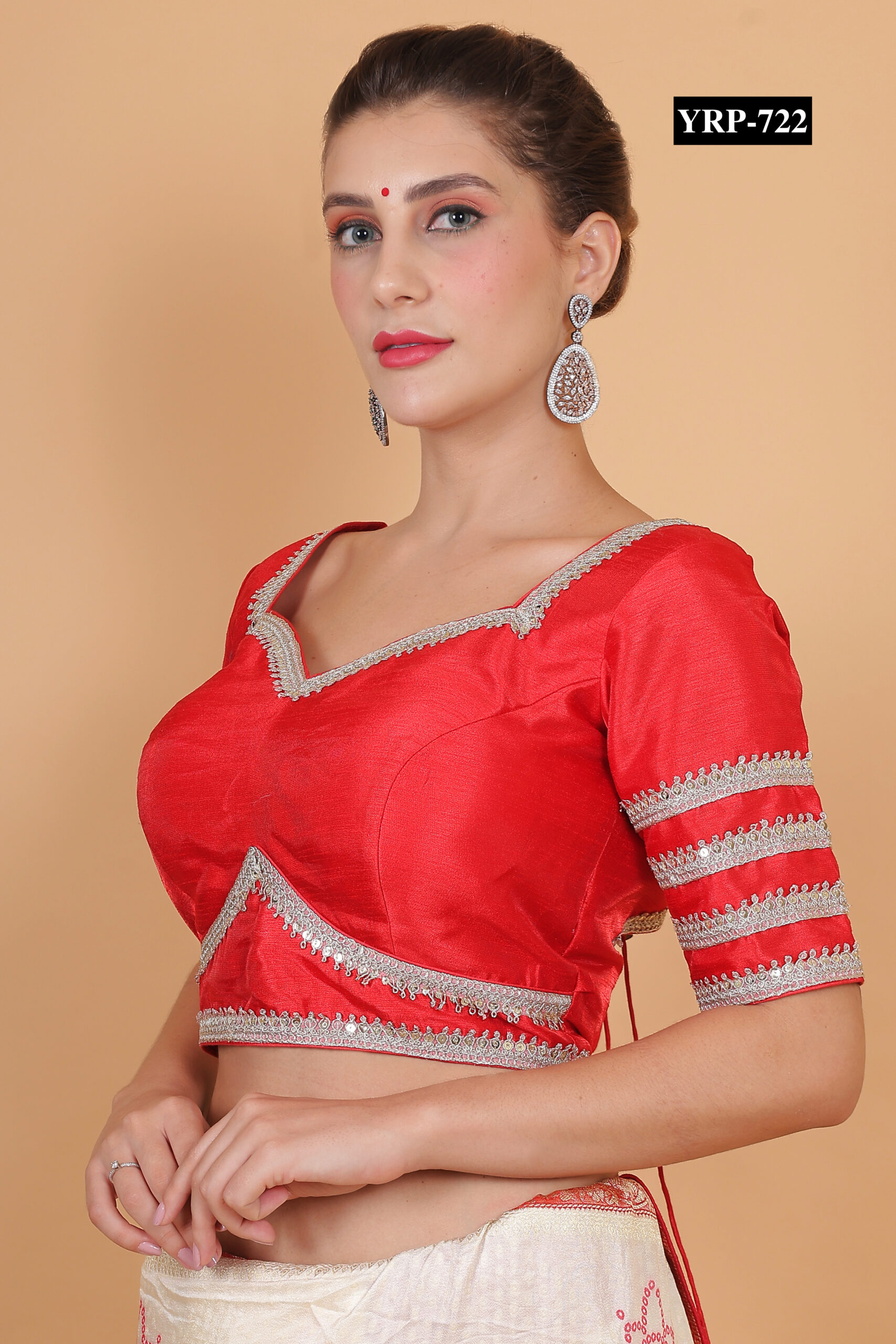 Red Embroidered Half Sleeve Blouse - Image 6