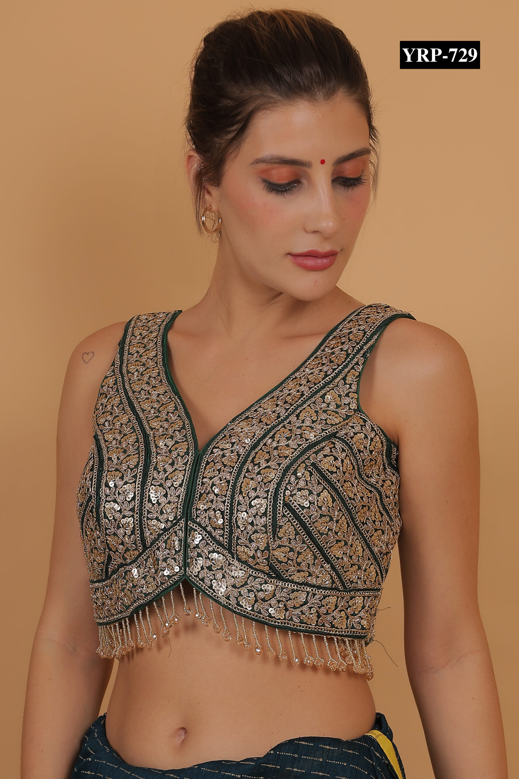 bottle green and gold emboidered blouse